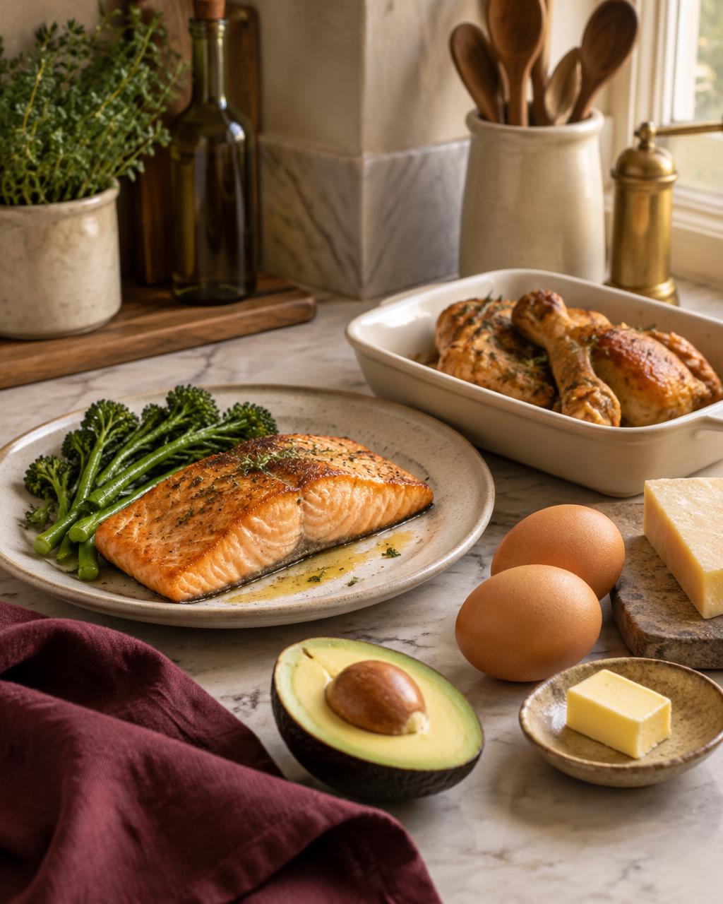 Cocina cálida con salmón, pollo, huevos, mantequilla, aguacate y queso, acompañados de unas verduras
